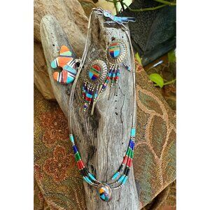 Sterling Zuni Inlay Jewelry Set: Bear Pendant Roadrunner Pin Necklace & Earrings